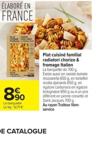 Plat cuisiné familial radiatori chorizo & fromage Italien