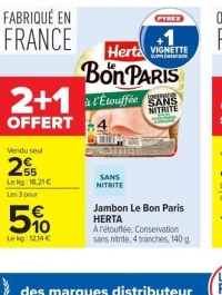 Jambon Le Bon Paris HERTA À l'étouffée, Conservation sans nitrite, 4 tranches