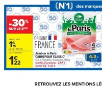 Jambon le Paris CARREFOUR CLASSIC' Cuit à l'étouffée, 4 tranches