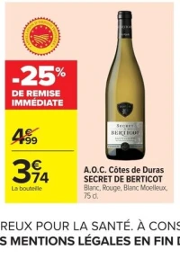 A.O.C. Côtes de Duras SECRET DE BERTICOT Blanc, Rouge, Blanc Moelleux