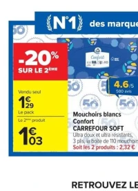 Mouchoirs blancs Confort CARREFOUR SOFT