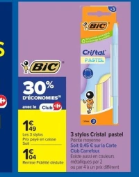 Bic 3 stylos Cristal pastel