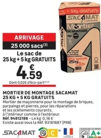 Mortier de montage SACAMAT 25 kg + 5 kg gratuits