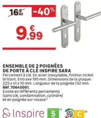 Ensemble de 2 poignées de porte à clé Inspire Sara