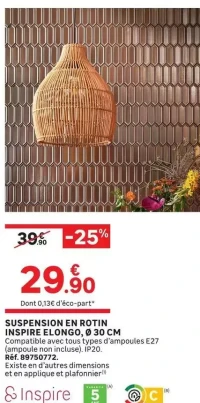 SUSPENSION EN ROTIN INSPIRE ELONGO, Ø 30 CM