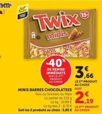 Minis barres chocolatées Twix, Snickers ou Mars