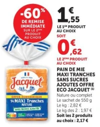 Pain de mie maxi tranches sans sucres ajoutés Jacquet, Nature ou complet