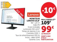 MONITEUR LENOVO 23,8" Réf: L24-4