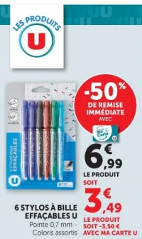 6 stylos à bille effaçables U
