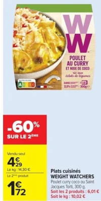 Plats cuisinés Poulet curry coco ou Saint Jacques Torti Weight Watchers