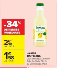 Boisson TROPICANA Les Citronnades Citron de Sicile, La Pêche Glacée ou L'Ananassade