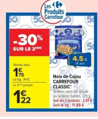 Noix de Cajou CARREFOUR CLASSIC' Grillées sans sel ajouté ou Grillées Salées