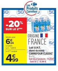 Lait U.H.T. demi-écrémé Carrefour Classic'