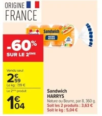 Sandwich Nature ou Beurre HARRYS