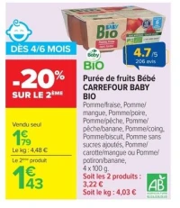 Purée de fruits Bébé Carrefour Baby Bio