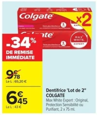 Dentifrice "Lot de 2" Colgate Max White Expert : Original, Protection Sensibilité ou Purifiant, 2 x 75 ml