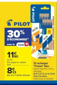 12 recharges Frixion bleu Pilot