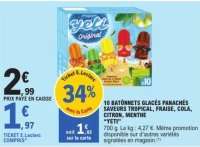 10 BÂTONNETS GLACÉS PANACHÉS SAVEURS TROPICAL, FRAISE, COLA, CITRON, MENTHE “YETI”