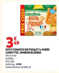 Pots Tomates Riz Poulet & Purée Carottes Jambon Blédina