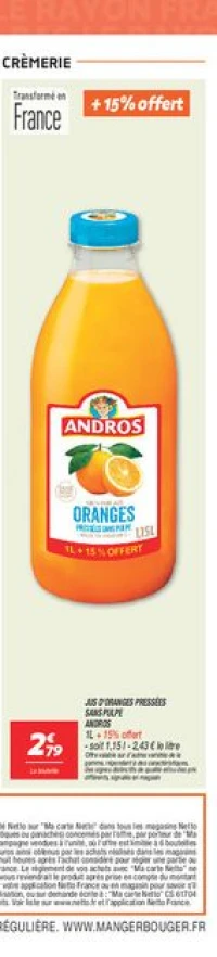 Jus d'oranges pressées sans pulpe