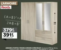 Armoire 4 portes 2 tiroirs 2 miroirs chêne Ready
