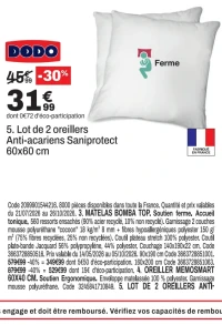 Lot de 2 oreillers Anti-acariens Saniprotect Dodo 60x60 cm