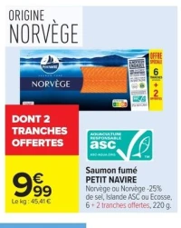Saumon fumé PETIT NAVIRE Norvège ou Norvège -25% de sel