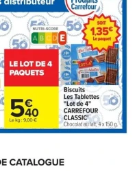 Biscuits Les Tablettes "Lot de 4" CARREFOUR CLASSIC' Chocolat au lait