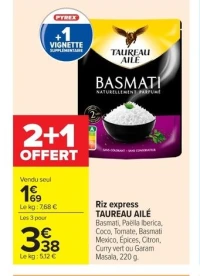 Riz express TAUREAU AILÉ Basmati, Paëlla Iberica, Coco, Tomate, Basmati Mexico, Épices, Citron, Curry vert ou Garam Masala, 220 g.