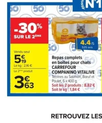 Repas complets en boîtes pour chats Carrefour Companino Vitalive