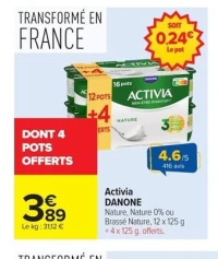 Activia DANONE Nature, Nature 0% ou Brassé Nature