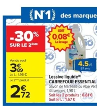 Lessive liquide Carrefour Essential Savon de Marseille ou Aloe Vera