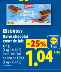Sondey Barre chocolat cœur de lait