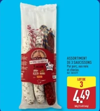 Assortiment de 3 saucissons Pur porc, aux noix et chorizo