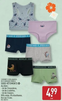 Sous-vêtements enfant Disney, Marvel ou Jurassic World