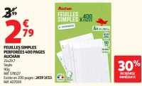 Auchan Feuilles simples perforées 400 pages