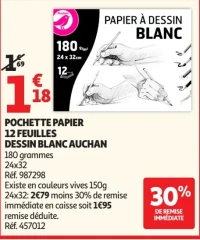 Pochette papier 12 feuilles dessin blanc Auchan