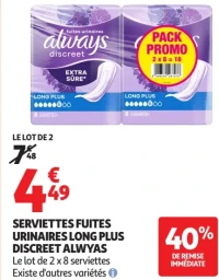 Serviettes fuites urinaires Long Plus Discreet Always
