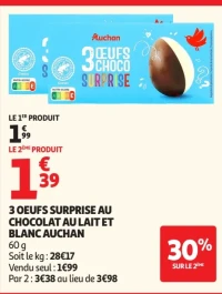 3 Oeufs surprise au chocolat au lait et blanc Auchan