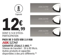 Pack de 3 clés USB 2.0 Hiksemi 8Go