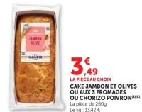 Cake Jambon et Olives ou Aux 3 Fromages ou Chorizo Poivron