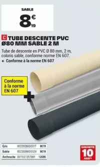Tube descente PVC Ø80 mm sable 2 m