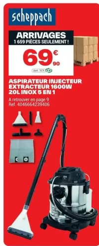 Aspirateur injecteur extracteur 1600W 20L inox 5 en 1 Scheppach
