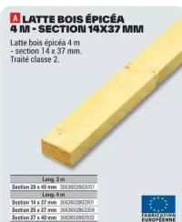 Latte bois épicéa 4 m - section 14x37 mm