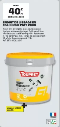 TOUPRET Enduit de lissage en épaisseur pâte 20kg