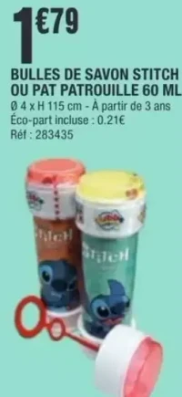 Bulles de savon Stitch ou Pat Patrouille 60 ml