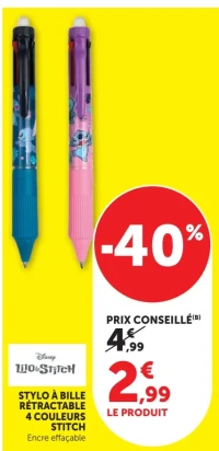 Disney Lilo & Stitch Stylo à bille rétractable 4 couleurs Stitch
