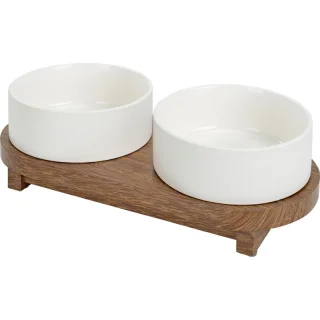 more LIFESTYLEPETS Support Bois & Gamelles Doubles Céramique blanc