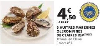 6 HUITRES MARENNES OLERON FINES DE CLAIRES IGP