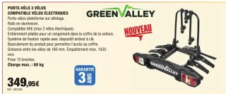GREEN VALLEY PORTE-VÉLO 3 VÉLOS COMPATIBLE VÉLOS ÉLECTRIQUES